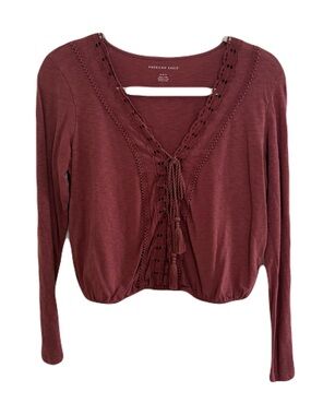 American Eagle Outfitters Long Sleeve Lace-Trim Crop Top in Wine